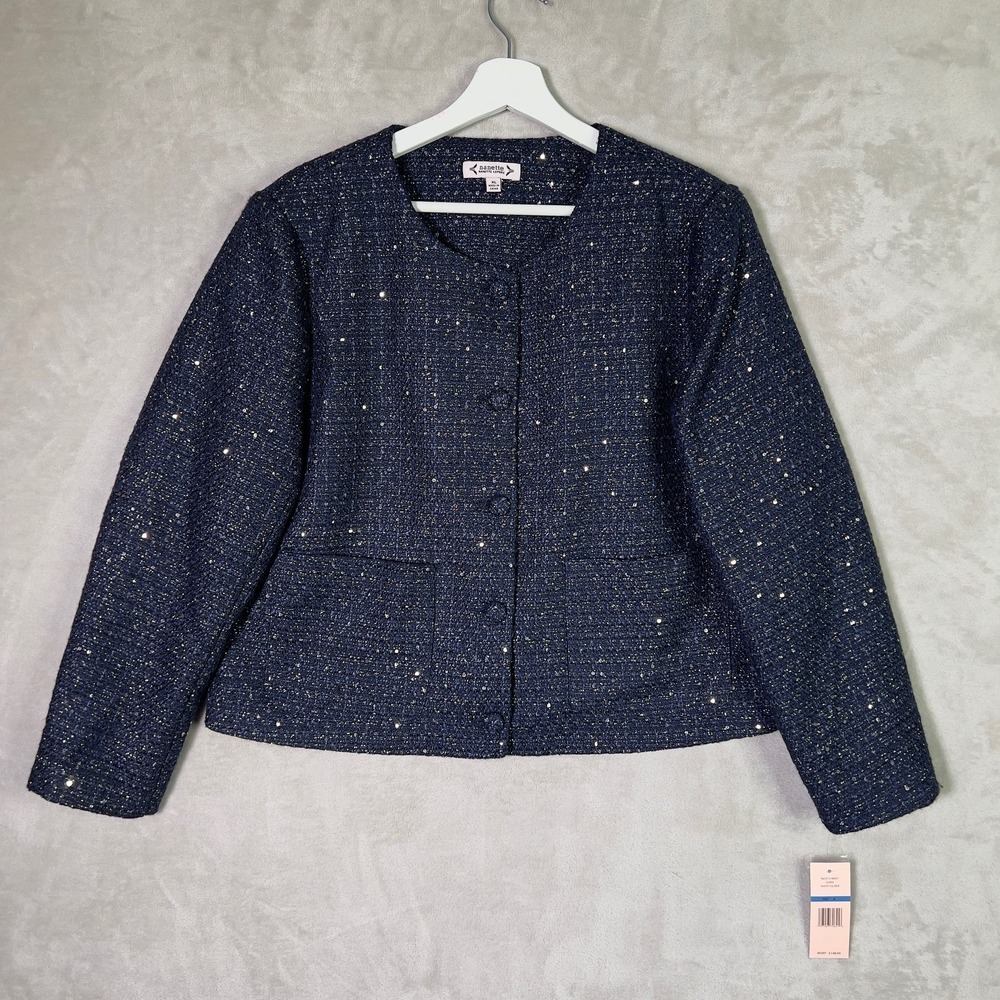 Nanette Lepore Shimmer Tweed Jacket Navy Blue Silver Sequin Blazer Size XL